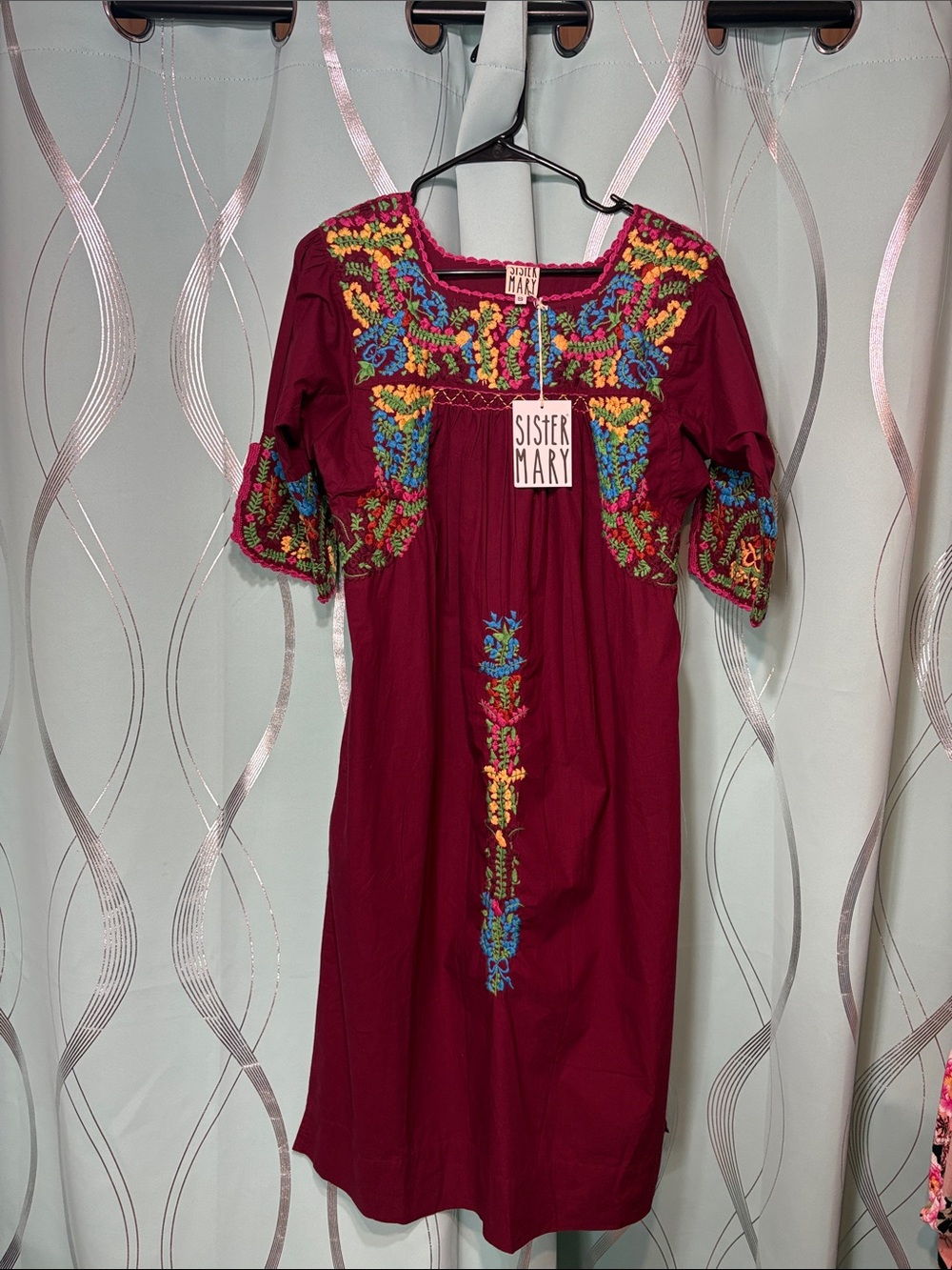Sister Mary Embroidered Midi Dress in Burgundy